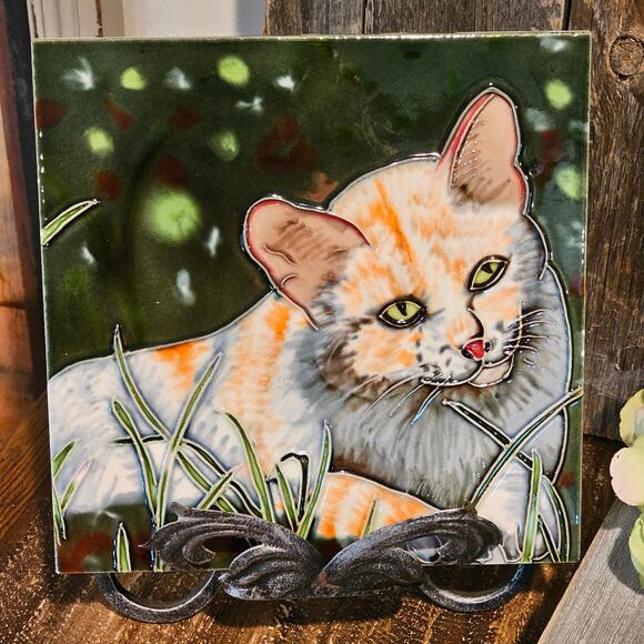 VTG Whimsical Orange Tabby Cat Handmade Ceramic Tile - Unique Cat Wall Art (8x8) - Picture 5 of 9